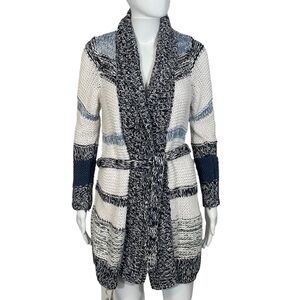 Loft Ann Taylor Chunky Knit Blue Ivory Striped Shawl Collar Belt Cardigan Sz XS
